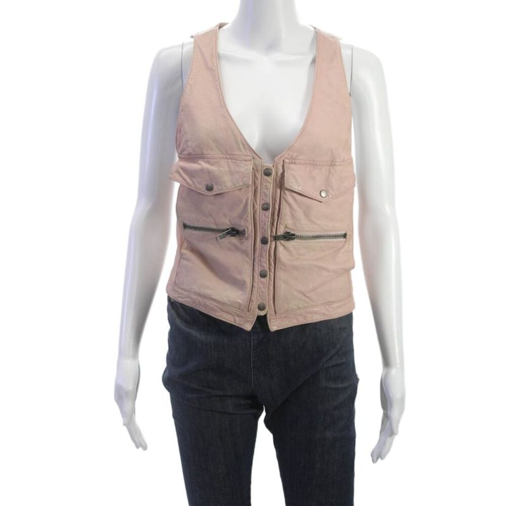 Charlotte Ronson Womens Leather Biker Sleeveless Vest Pink V-Neck Button Size 2